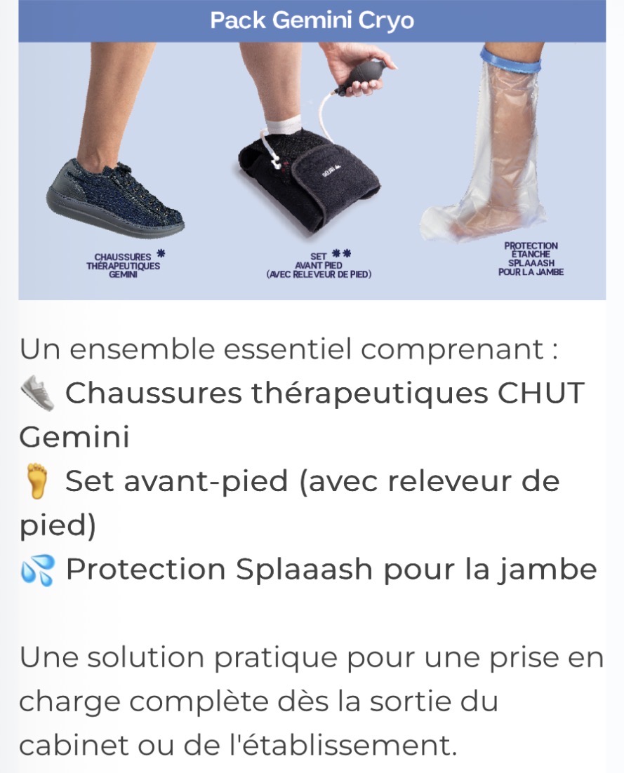 Pack gemini cryo avec une paire de gemini, un set avant pied et une protection de douche pour le pied