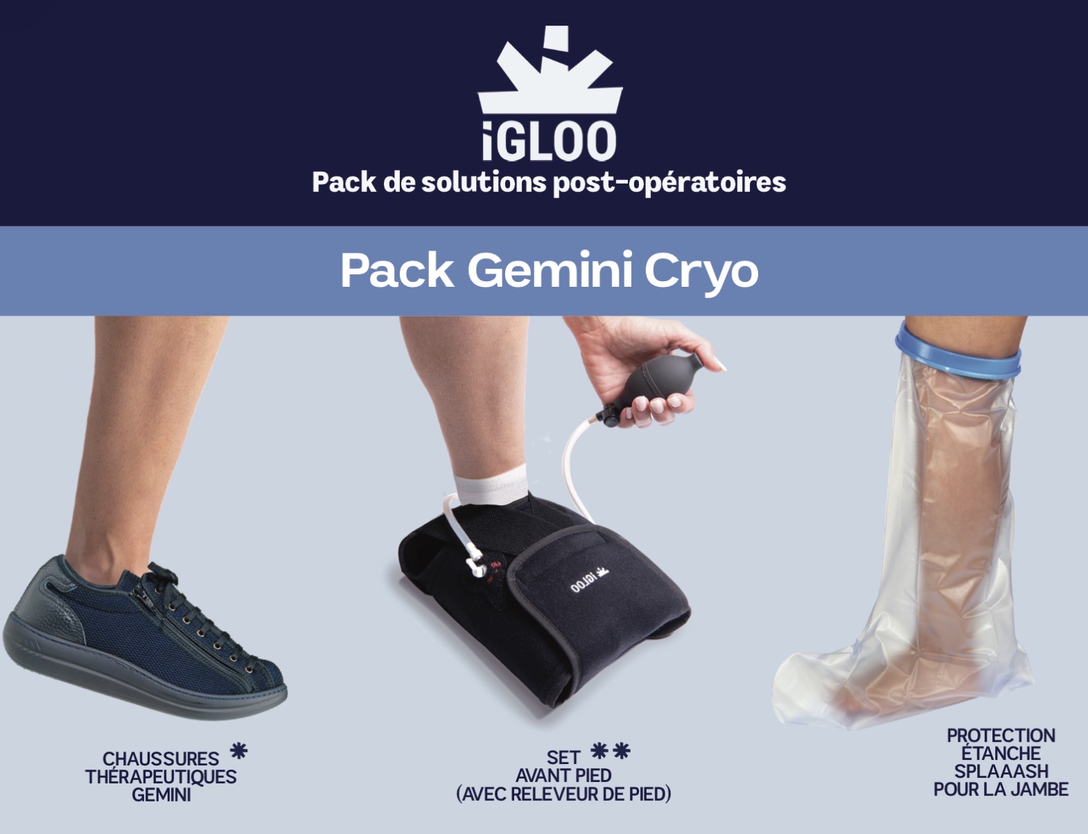 Pack gemini cryo avec une paire de gemini, un set avant pied et une protection de douche pour le pied